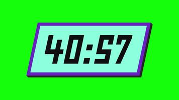 Digital countdown timer from 41 minute to 40 minute on a tilted rectangular display with a green background video
