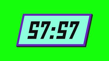 digital nedräkning timer från 58 minut till 57 minut på en lutande rektangulär visa med en grön bakgrund video