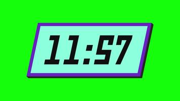 Digital countdown timer from 12 minute to 11 minute on a tilted rectangular display with a green background video