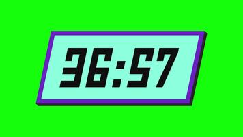 Digital countdown timer from 37 minute to 36 minute on a tilted rectangular display with a green background video