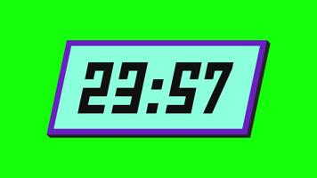 Digital countdown timer from 24 minute to 23 minute on a tilted rectangular display with a green background video