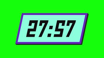 digital nedräkning timer från 28 minut till 27 minut på en lutande rektangulär visa med en grön bakgrund video