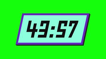 Digital countdown timer from 44 minute to 43 minute on a tilted rectangular display with a green background video
