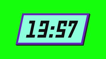 Digital countdown timer from 14 minute to 13 minute on a tilted rectangular display with a green background video