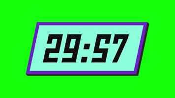 Digital countdown timer from 30 minute to 29 minute on a tilted rectangular display with a green background video