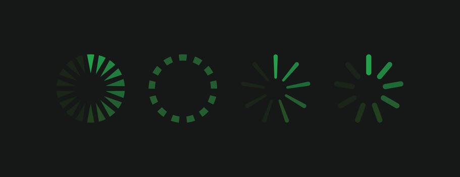 Minimalist green loading spinner icons set on a black background. Progress indicator element for dark mode web and mobile application UI design vector