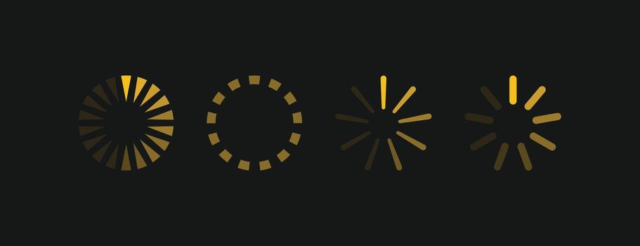 Golden yellow loading spinner icon set for dark mode interface. Modern progress bar graphic element suitable for web, mobile, and game design vector