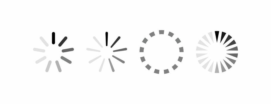 Animated spinning loading icons set in grayscale, minimalist interface design elements for web and mobile apps vector