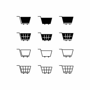 Detailed shopping cart icon set in a grid layout, featuring solid, outline, and detailed wireframe styles. Essential graphics for modern e-commerce and retail design projects vector