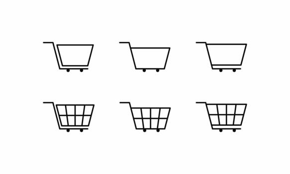 Comprehensive shopping cart icon collection. Essential assets in solid and outline styles for e-commerce, retail, supermarket, UI UX design, and web apps vector