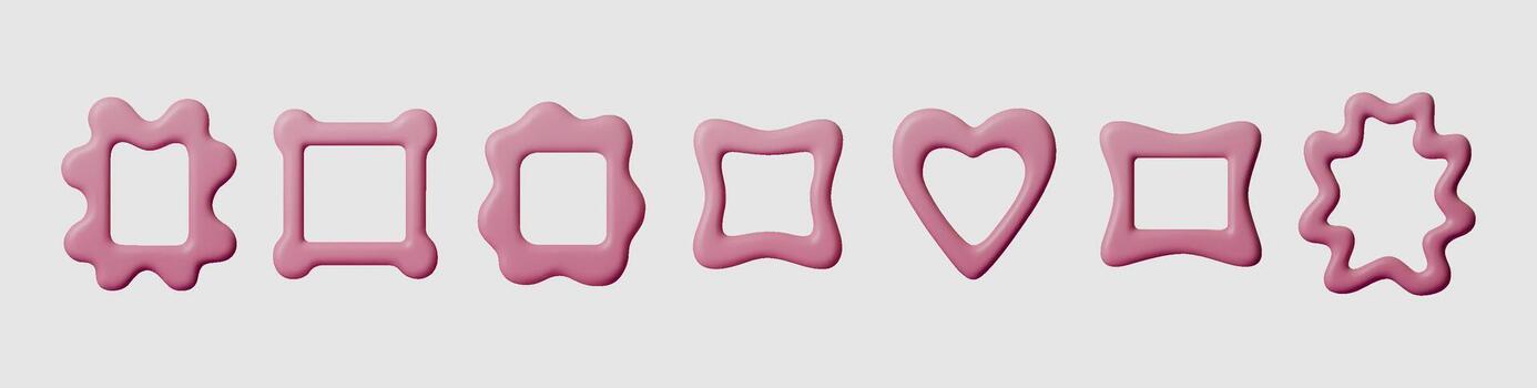 3D wavy frame border set, cute pink rectangle and circle shapes with retro squiggly edge. Trendy frame and border icons for photo, text or sticker design with fun, wiggly graphic style. vector