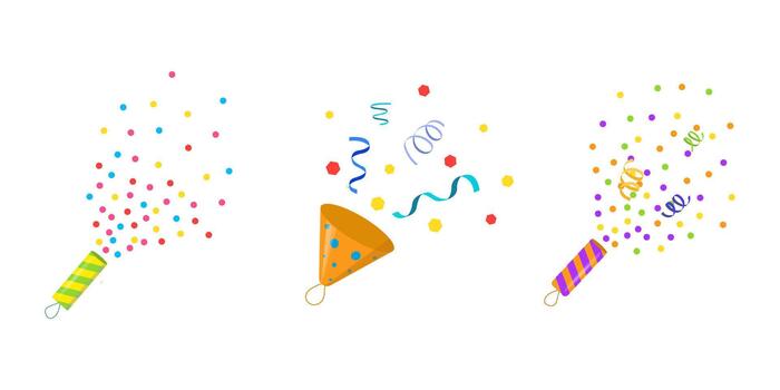 festivo petardo y fiesta corchete colocar. explotando papel picado, serpentinas, chispas y vistoso celebracion elementos. de moda moderno ilustración aislado en blanco fondo, mano dibujado vector