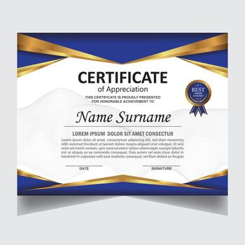 Elegant certificate of appreciation template design. Modern certificate template with blue and gold design elements, featuring appreciation award text, decorative seal, and space for name. vector