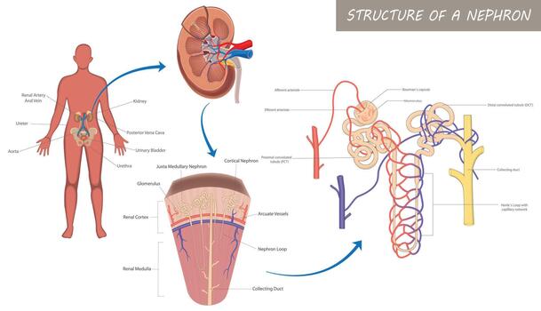 humano riñón anatomía y nefrona estructura educativo diagrama, etiquetado médico ilustración de renal sistema con corteza médula glomérulo túbulos y coleccionar conducto, biología aprendizaje cuadro. vector