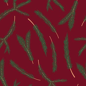 abeto árbol ramas sin costura modelo. verde pino leña menuda con agujas en oscuro rojo antecedentes. botánico invierno hojas perennes conífera repetir diseño para Navidad, envase, estacional festivo huellas dactilares. vector