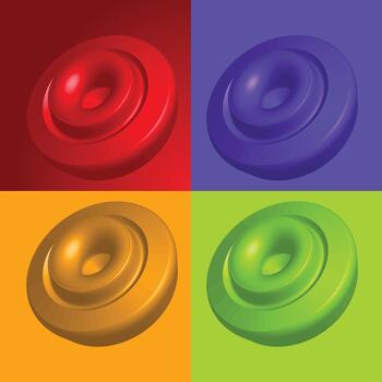 Glossy 3d torus shapes in red purple gold and green with matching quadrant background design vector