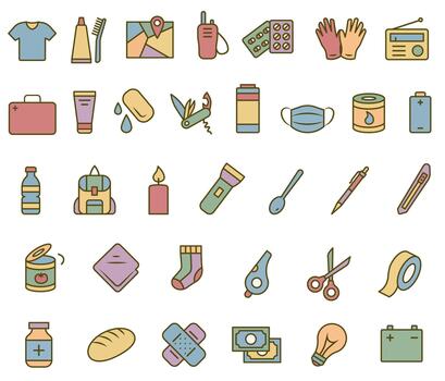 resumido íconos emergencia maleta. un conjunto de esencial artículos para emergencias vector