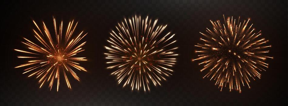 Fireworks set. Glittering firework bursts. Explosive pyrotechnic celebrations with sparkling effects. Bright firework explosions. Isolated graphic element set for festive design. illustration. vector