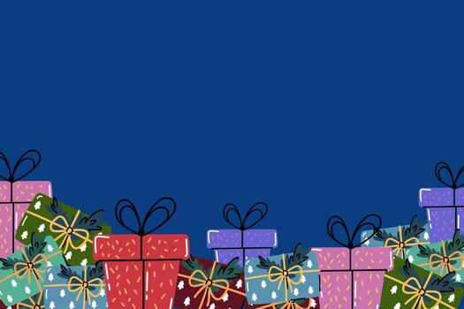 winter background with gift boxes and ribbons at the bottom and space for text above. Festive frame for greeting cards, invitations, or New Year banners. vector