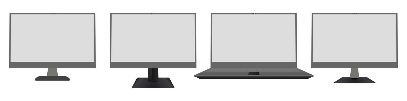 Modern desktop and laptop computer mockup flat design. Realistic desktop and laptop computer illustration with blank screen display and open computer screen vector