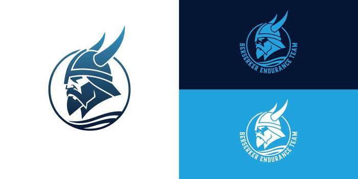 The design features a modern, stylized Viking head in a horned helmet outlined within a circle. Abstract waves beneath the chin symbolize swimming. The design is bold and simple. vector