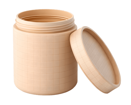 beige envase con un cuadrícula modelo se sienta abierto con el tapa descansando junto a eso en transparente antecedentes png