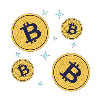 Floating bitcoin coins with sparkles 2D cartoon object. Crypto digital currency levitating. Virtual money. Cryptocurrency twinkles isolated element flat clip art on white. Spot illustration vector