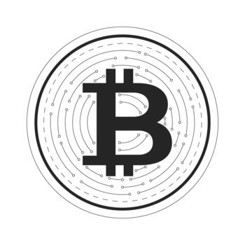Digital bitcoin coin 2D line object. Modern finance with circuit lines round. Blockchain currency. BTC money. Internet crypto isolated clipart ink outline item. Monochrome spot illustration vector