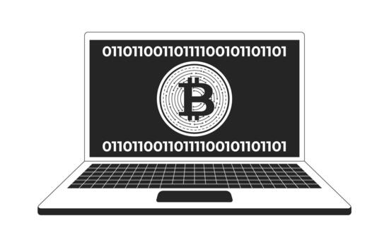 bitcoin símbolo en ordenador portátil pantalla con binario código 2d línea objeto. digital divisa. blockchain tecnología. criptomoneda software aislado clipart tinta contorno artículo. monocromo Mancha ilustración vector