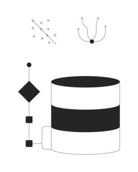 Database with scatter plot and flow diagram 2D line objects set. Data science. Server technology and analytics isolated cliparts ink outline items. Monochrome spot illustrations collection vector