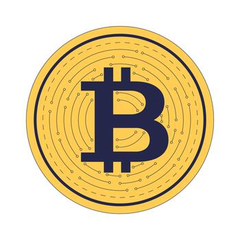 Digital bitcoin coin 2D cartoon object. Modern finance with circuit lines round. Blockchain currency. BTC money. Internet crypto isolated element flat clip art on white. Spot illustration vector