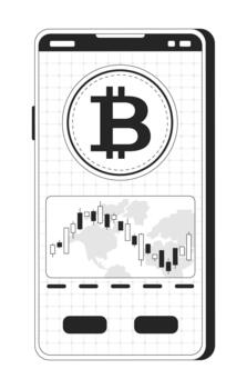 Bitcoin and trading chart on smartphone screen 2D line object. Mobile phone displaying BTC coin and candlestick over global world isolated clipart ink outline item. Monochrome spot illustration vector