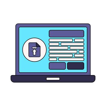 ordenador portátil subir plano diseño estilo, cuaderno con subir pantalla, ideal para nube almacenamiento, en línea transferir, y digital proceso gráficos. vector