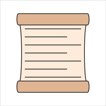 Desplazarse plano diseño estilo, arrollado pergamino con texto líneas, simbolizando antiguo documentos o decreto, genial para historia, literatura, o certificado efectos visuales vector