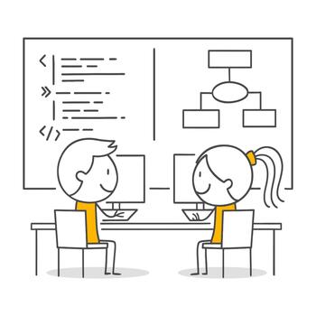 Software Developers Analyze Project Flowcharts And Code Structures In A Comfortable Office Environment. vector