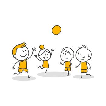 Four joyful individuals, enjoying the moment with a simple ball game on a sunny day, whose enthusiastic movements and smiles draw attention. vector