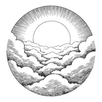 Dom brillante mediante nubes con rayos negro y blanco contorno línea Arte dibujo en circular marco vector