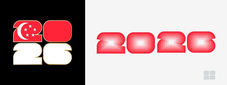Year 2026 with flag of Singapore and in color palate of Singapore flag. Happy New Year 2026 in two different style. vector
