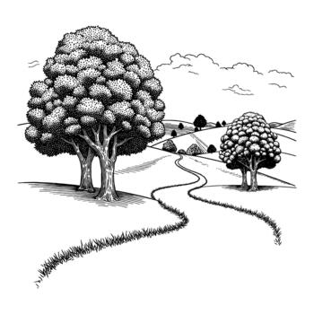 sereno paisaje con arboles y devanado camino en rural ajuste negro y blanco contorno línea Arte dibujo vector