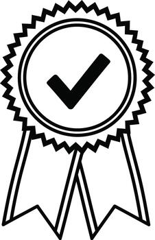 Black checkmark icon appears within a ribbon rosette over white background it is transparent vector