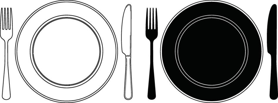 cuchillería ajuste caracteristicas tenedor, lámina, y cuchillo en negro y blanco contorno estilo vector