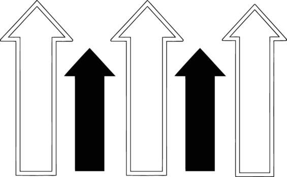 Three white outline arrows and two solid black arrows are oriented upward in sequence vector