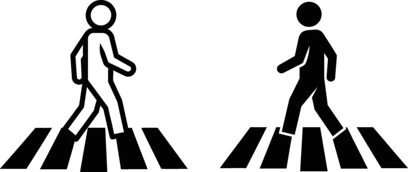 Two stick figures are crossing a zebra street in black and white with transparent background vector