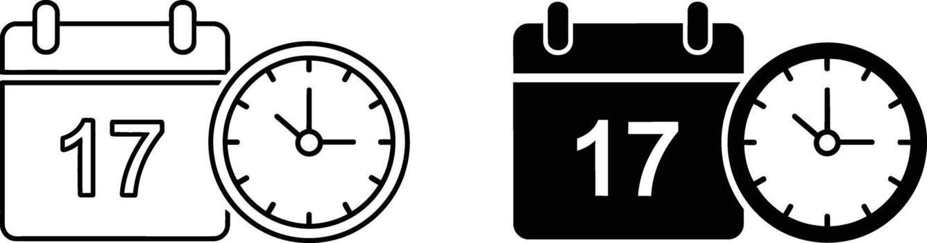 Calendar icon displaying the 17th of the month and a clock icon are placed together vector