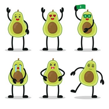 Cute avocado character different pose activity. Fruit different face expression illustration set. vector
