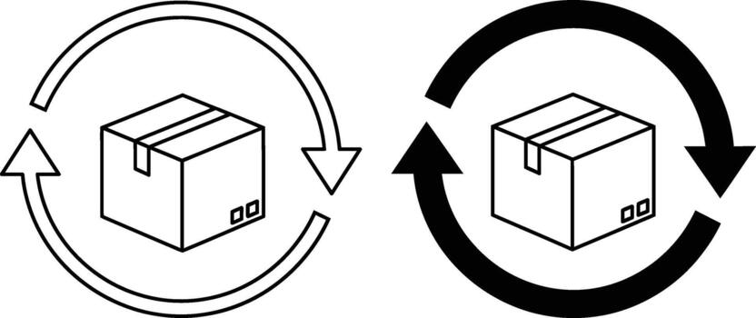 Black and white package outline with return arrows shows product exchange on transparent background vector