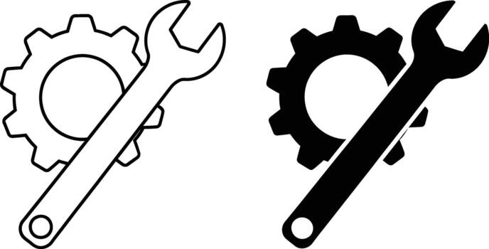 Gear and wrench icon set shows monochrome outline versions on a transparent background vector