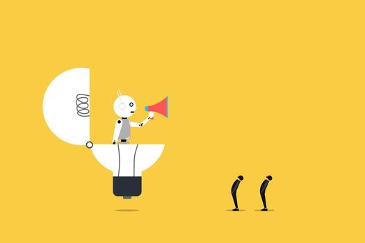 Ai tech concept, idea out from lightbulb. AI hold megaphone. New idea business growth with creative power vector