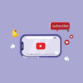 Illustration of a smartphone screen with a subscribe button, engagement icons, and notification elements, ideal for digital marketing and social media content. vector