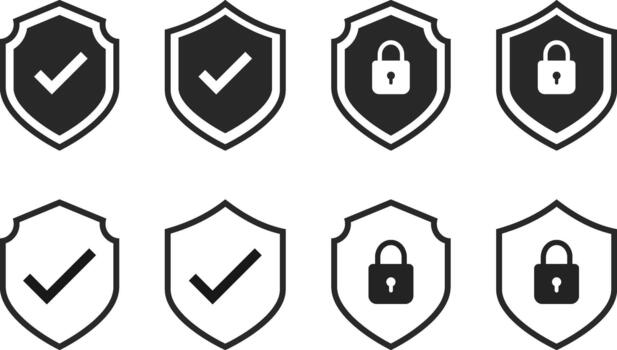 Security Shield Icon Set. Protection, Verification, and Trust Symbols. Shield with Padlock, Check Mark, and Digital Privacy Icons collection. Verified Status, Encrypted Lock, and System Protection. vector